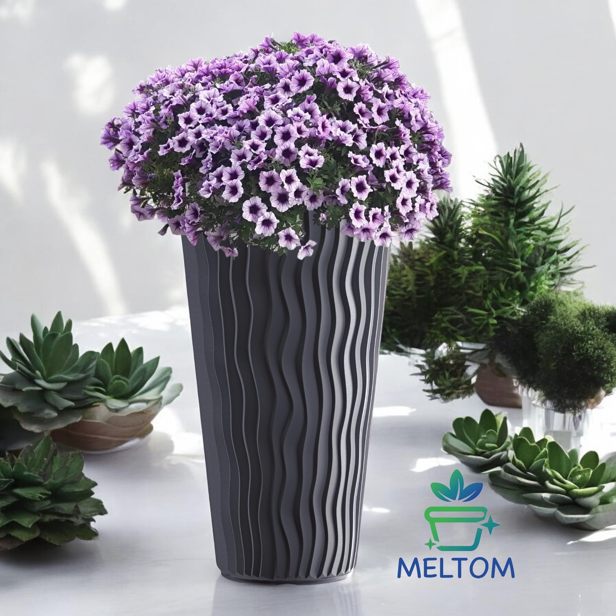 MELTOM Blumentopf mit Vertikaler Wellenoptik und Herausnehmbarem Einsatz aus Kunststoff, Pflanzkübel für Innen- und Außenbereich, Anthrazit, 3XL