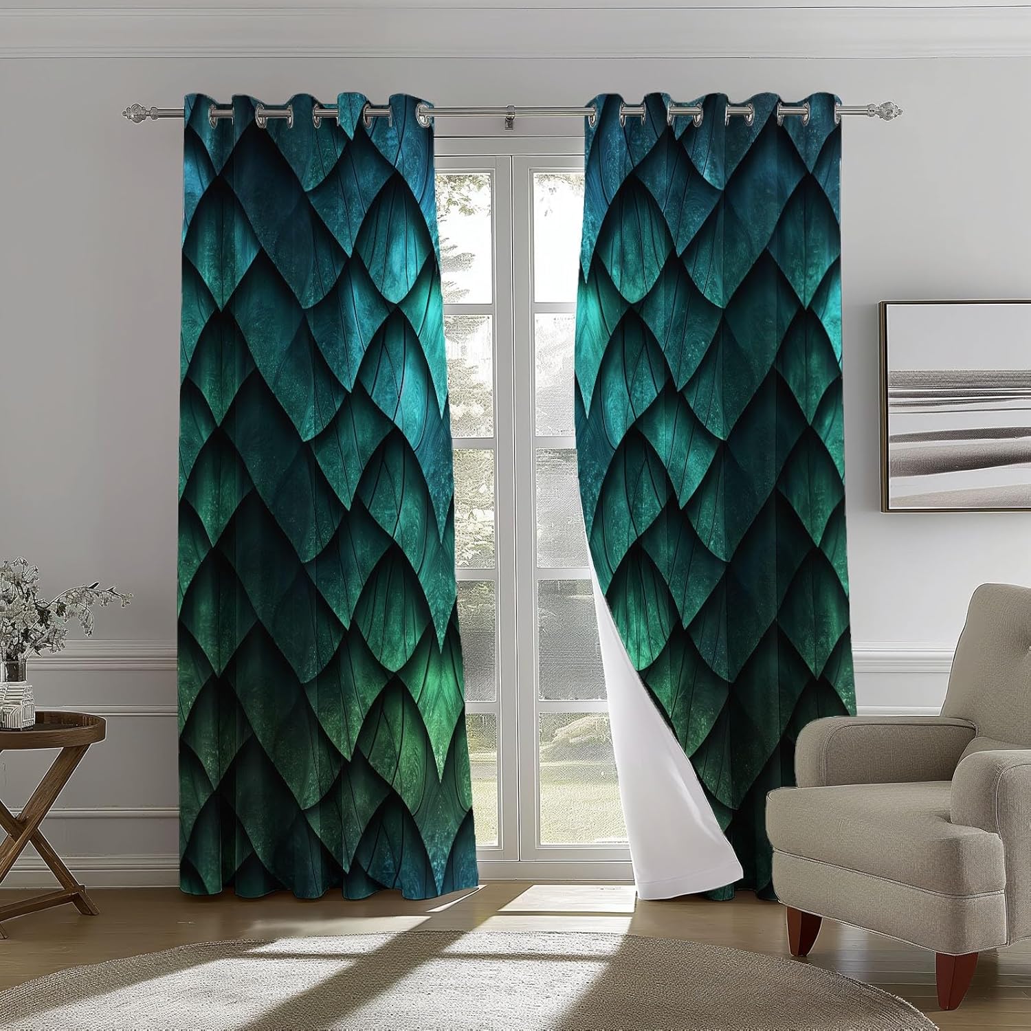 Curtains Blackout for Living Room Fantasy Movie Style Dragon Scales Printed Grommets Window Drapes Dark Green Thermal Insulated Window Treatments Decor for Bedroom Dining Room 42"W x 63"L (Pack of 2)