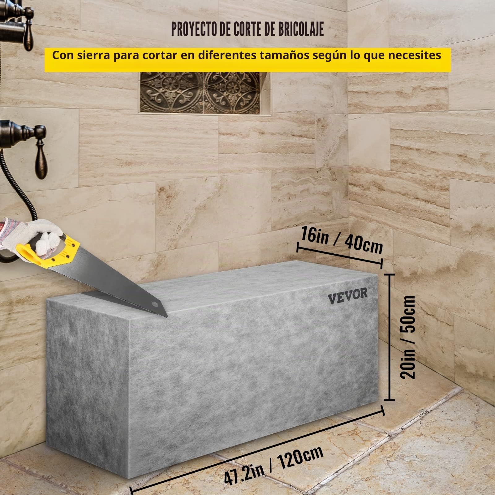 VEVOR Banco Rectángulo de Ducha 120x40x50 cm Banco Listo para Baldosas Material de EPS Compuesto Asiento de Banco de Ducha Listo para Azulejos Carga de 200 kg Membrana Impermeable para Cuarto de Baño