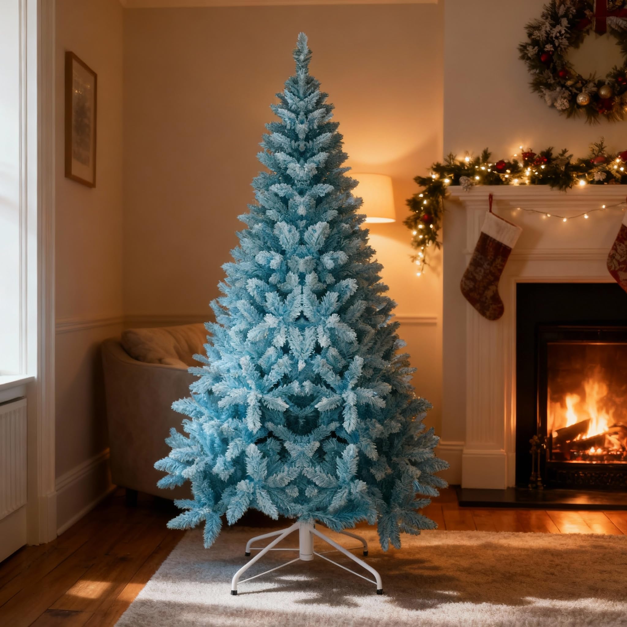 Sapin de Noël Artificiel floqué Bleu de 2,1 m avec Support en métal Pliable 1084 Branches articulées pour décoration de Maison