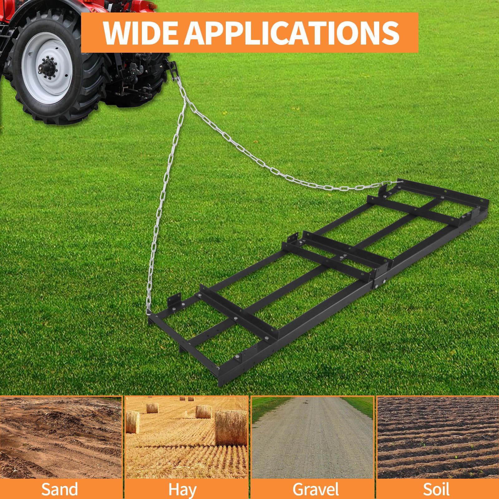 Remolque resistente detrás del rastrillo de césped y nivelador de tierra para grava, suelo y heno, compatible con ATV, UTV, tractor y cortacésped