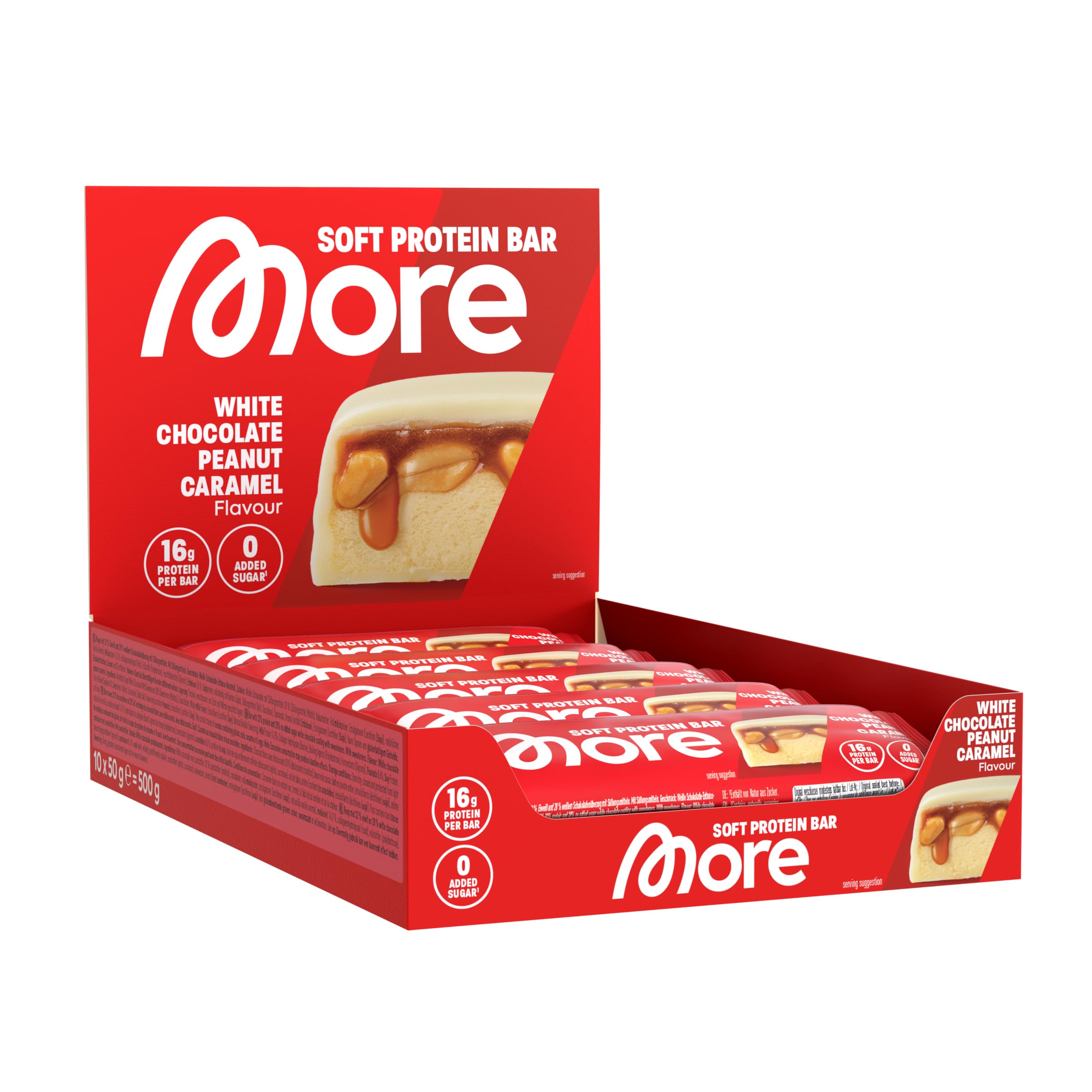 MORE Protein Bar, 10er Box, White Chocolate Peanut Caramel, Protein Riegel ohne Zuckerzusatz (Design kann variieren)