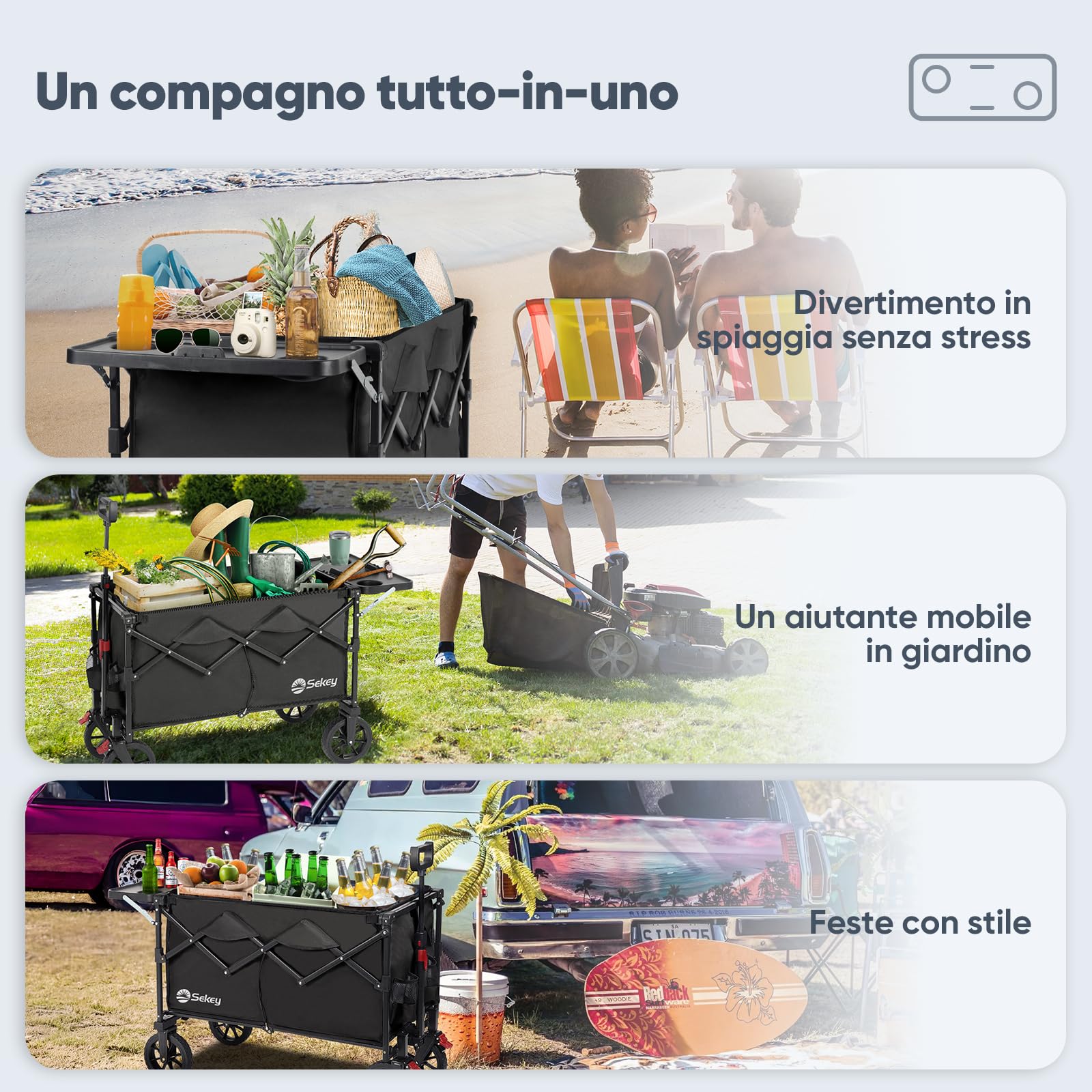 Sekey XXL Mobi 3012 - Carretto pieghevole con piano di appoggio apribile, 150 l, 150 kg, colore: Nero