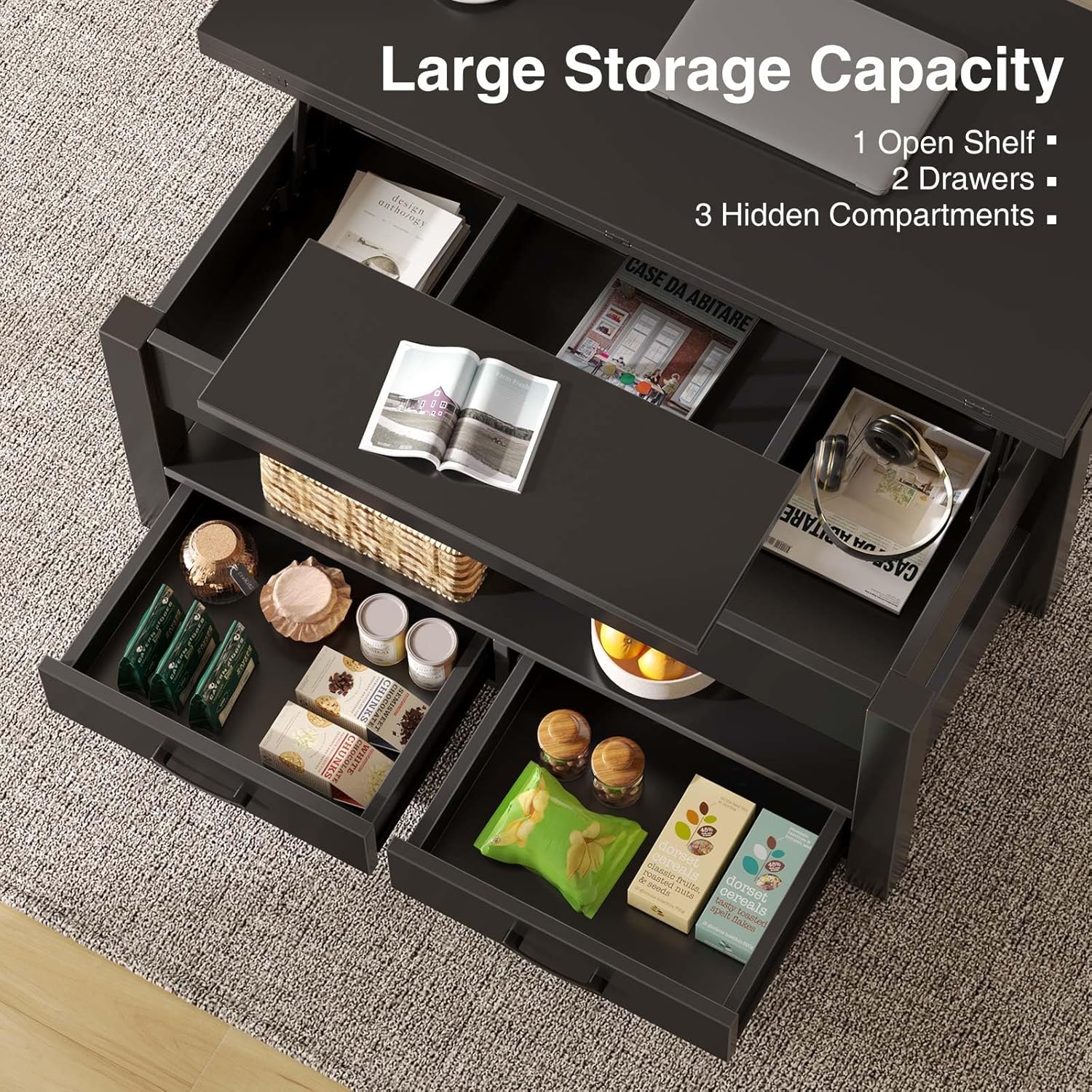 Rolanstar Coffee Table Lift Top, Multi-Function Convertible Coffee Table with Drawers and Hidden Compartment, Converts to Dining Table for Living Room, Home Office,Black