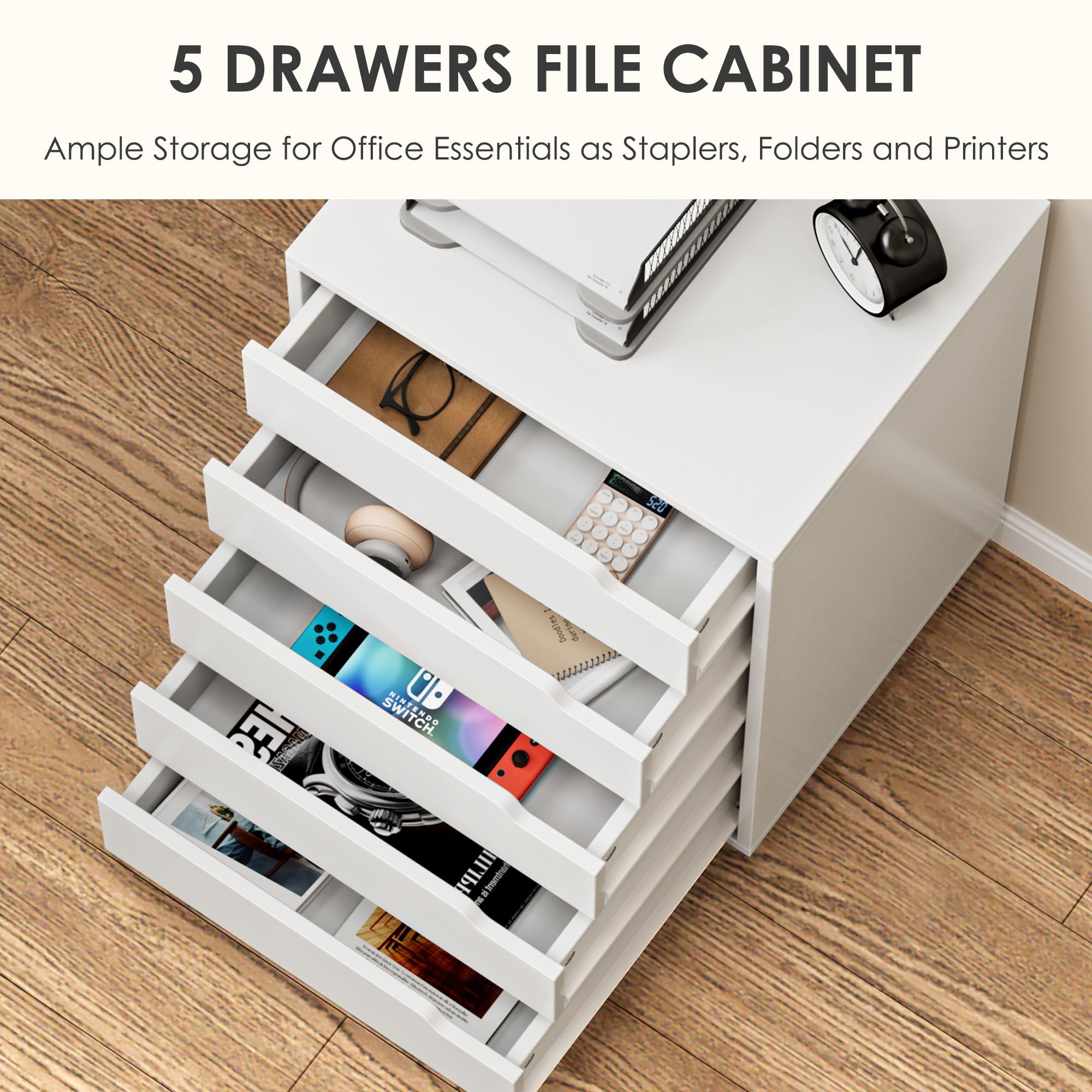 sogesfurniture Rollcontainer, Aktenschrank mit 5 Schubladen, Büroschrank, Schubladenschrank, Kommode Aufbewahrungsschrank, Mehrzweckschrank für Arbeitszimmer, Büro, Weiß
