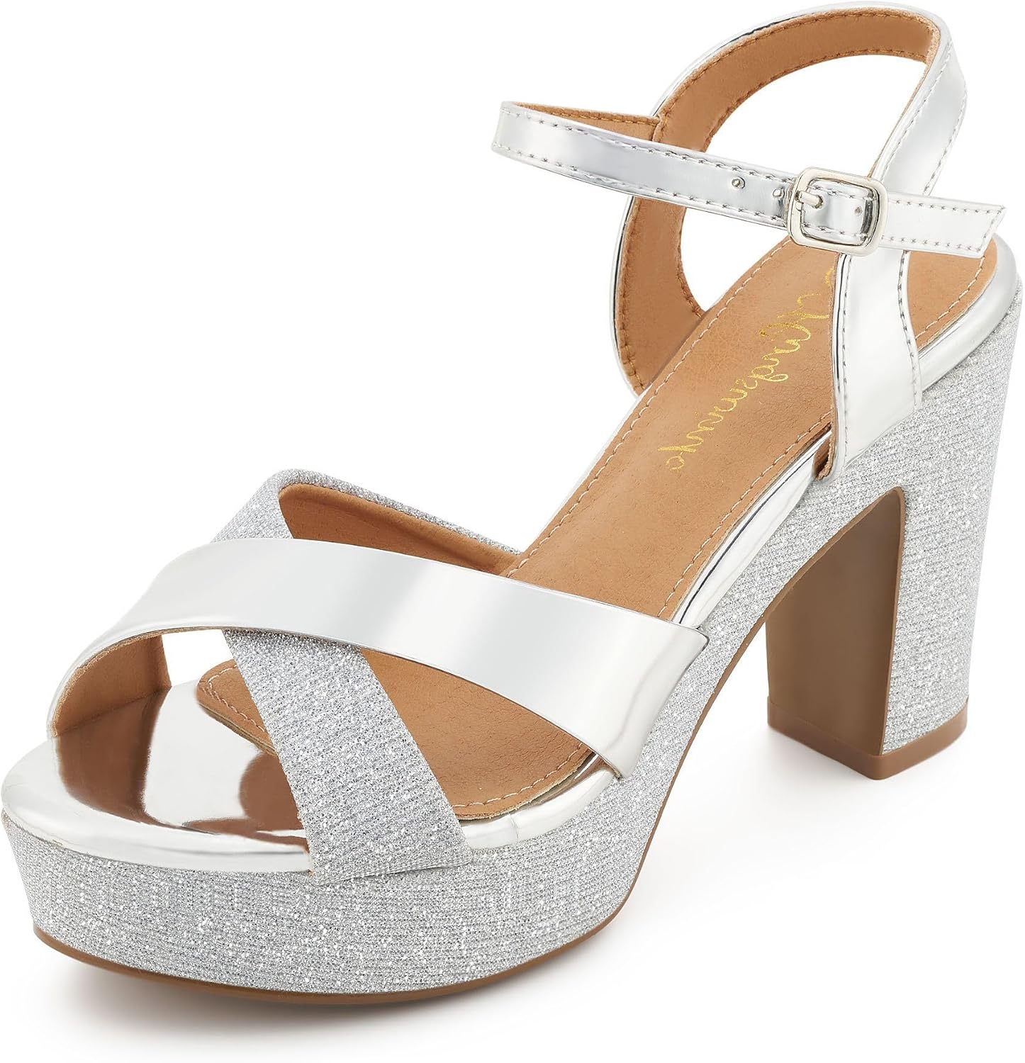 Womens Sparkly Platform Dress Sandals for Women Chunky Block Heel 3.8 Inch High Heels Open Toe with Strap for Women Comfortable Sexy Dressy Prom Wedding Party Evening Shoes