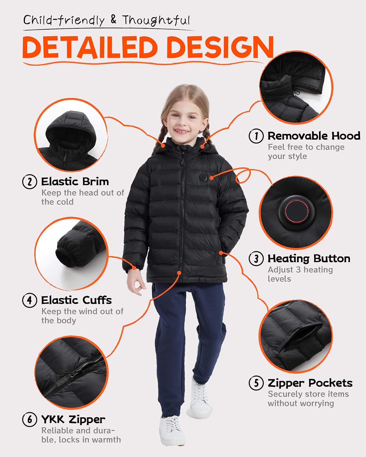 HEWINZE Kids Heated Jacket,Lightweight Water-Resistant Hooded Puffer Heated Coat for child with 5V Battery Pack（Unisex） - Image 3