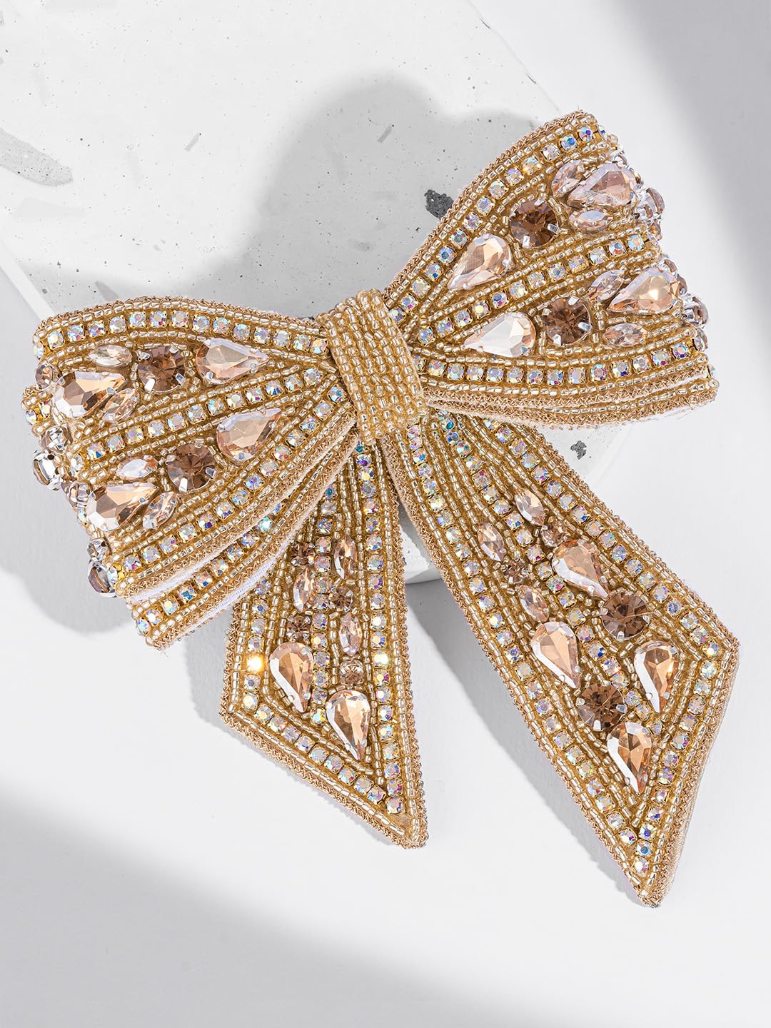 Hair Drama Co. Golden Embellished Crystal Hair Bows with Barrette Clip – Elegant Hair Bow Barrette with Rhinestones – Stylish Glitter Bow for Women – Fancy Hair Accessories for Parties & Events