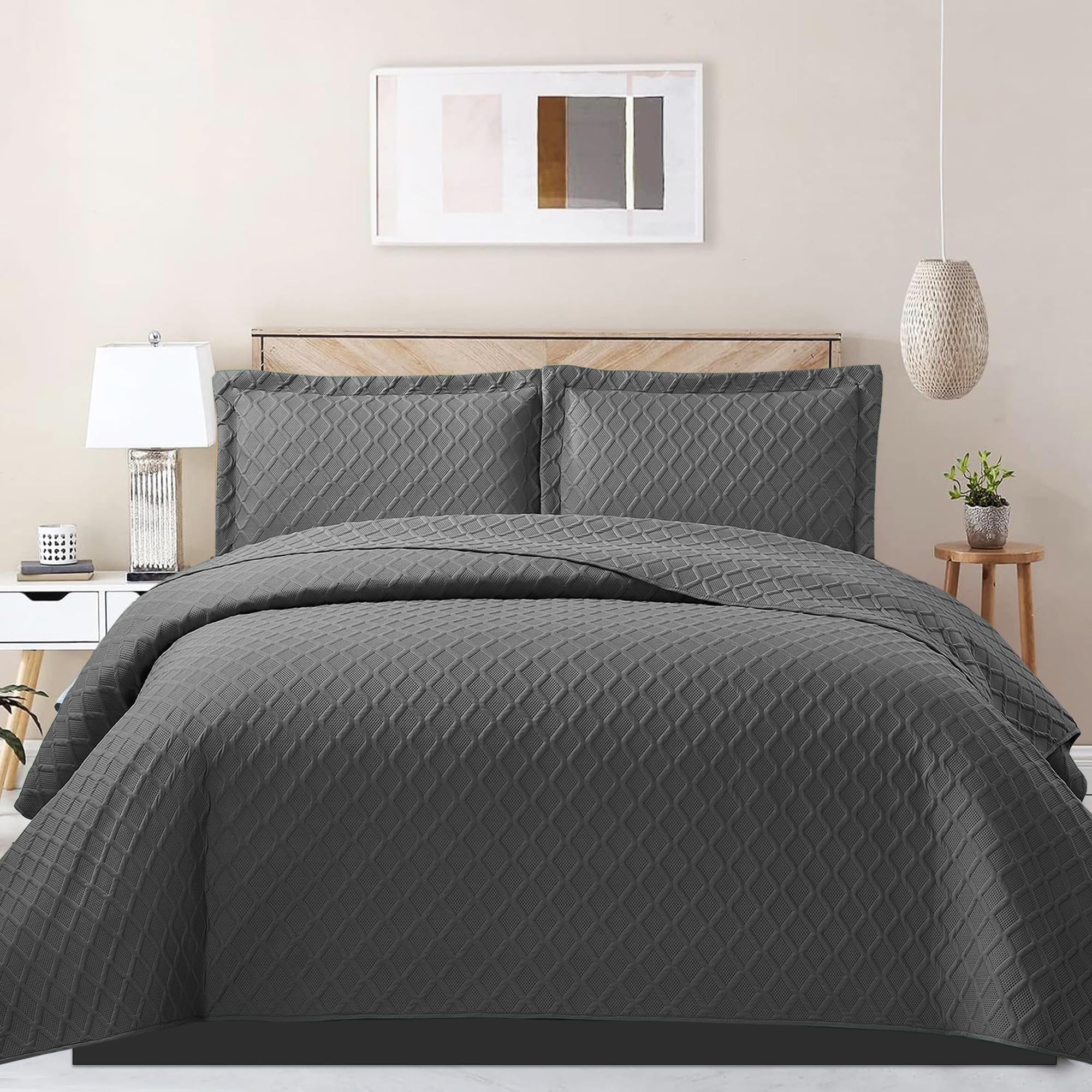 PHP Bedspread Bed Throws for Bedroom Decor - Decorative Embossed Diamond Check Pattern Quilted Fabric Reversible Quilt Bedspreads Coverlets with Pillow Cases (King, Grey)