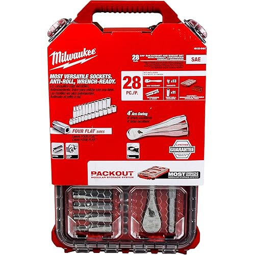 Milwaukee 48-22-9481 28-Piece 3/8 in. Drive SAE Ratchet and Socket Set with PACKOUT Low-Profile Compact Organizer