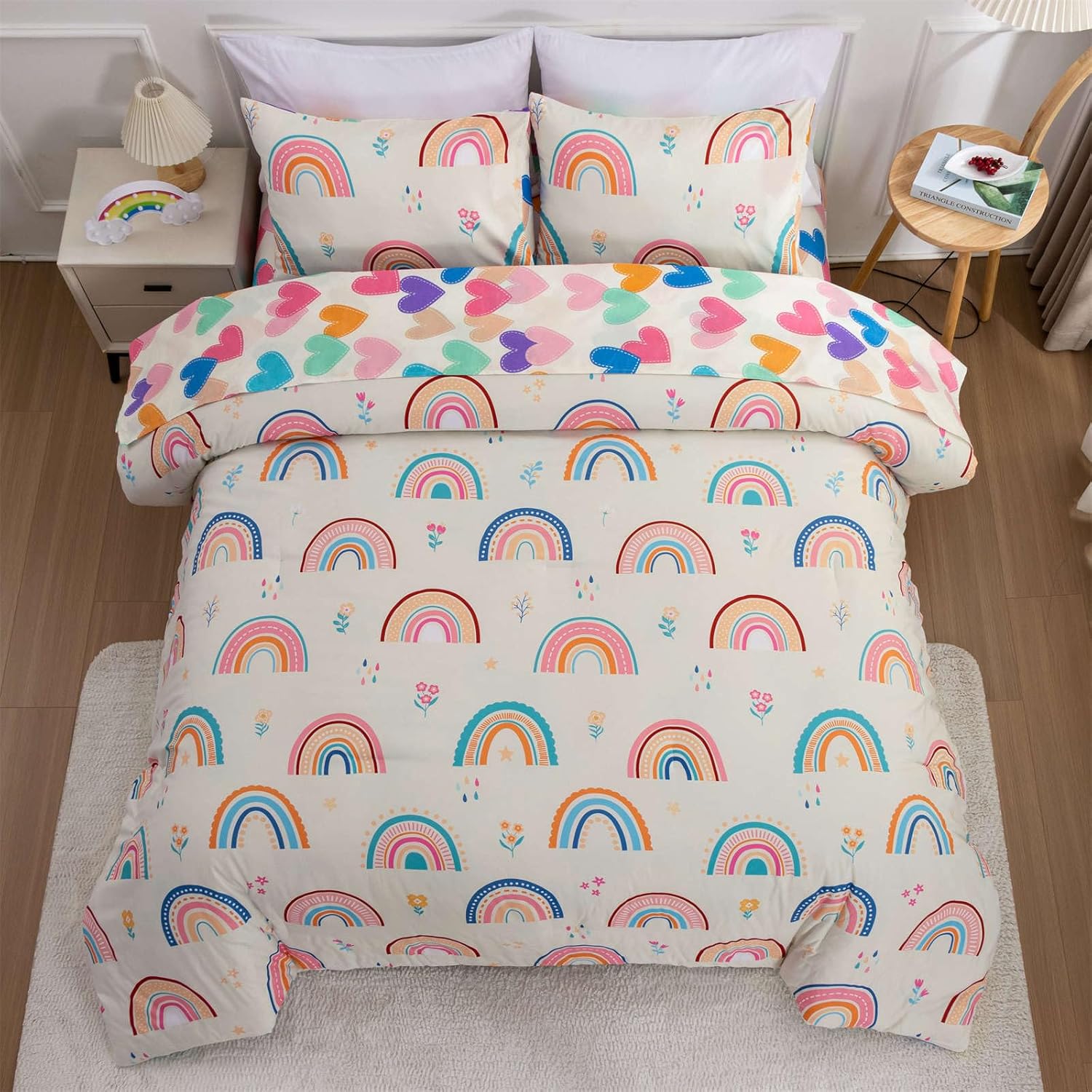 Btargot 5 Piece Multi-Color Rainbow Comforter Set for Girls Boys Kids, Full Size Cartoon Love Hearts Flowers and Sun Star Bedding Set, Bed in a Bag with Comforter, Sheets and Pillowcases