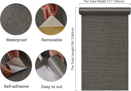 Miniatura 7 de CHIHUT Papel tapiz de color gris para despegar y pegar de 17.7 x 100 pulgadas, papel de contacto de lino texturizado de lino gris para sala de