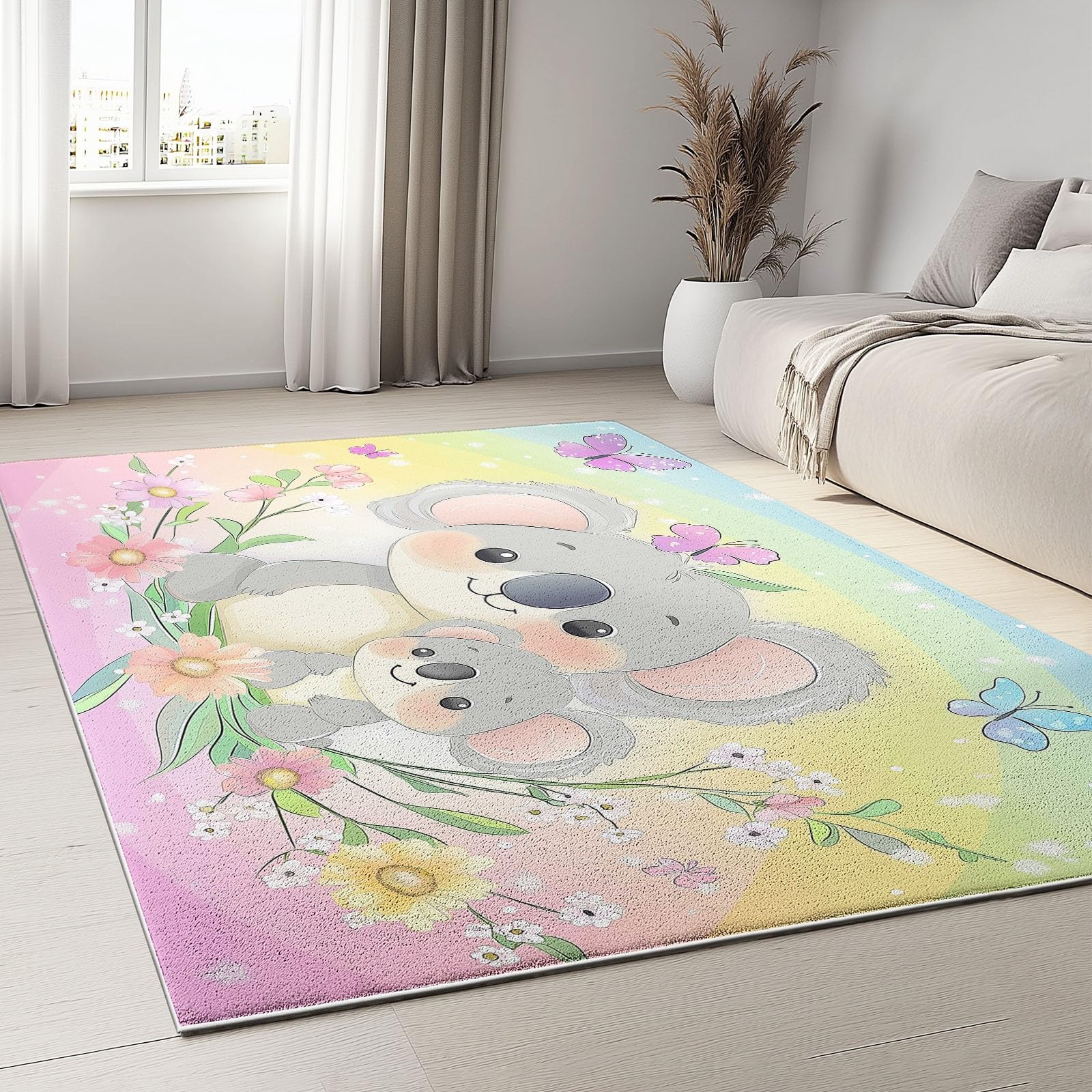 Tapis salon koala coloré fleurs et papillons pour un intérieur joyeux