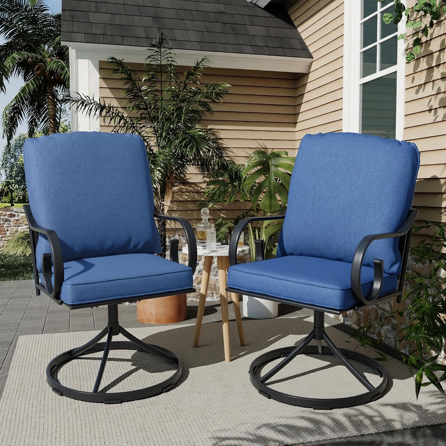 MELLCOM Patio Swivel Chair Set of 2, Outdoor Dining Chairs with Thickened Cushions, Metal Patio Chairs Gentle Rocker for Outside, Garden Lawn & Porch, Blue