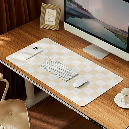 Miniatura 14 de Alfombrilla de escritorio a cuadros, 31.5 x 15.7 pulgadas, grande, bonita, color beige caqui, accesorios retro estéticos, de PU, para computadora,