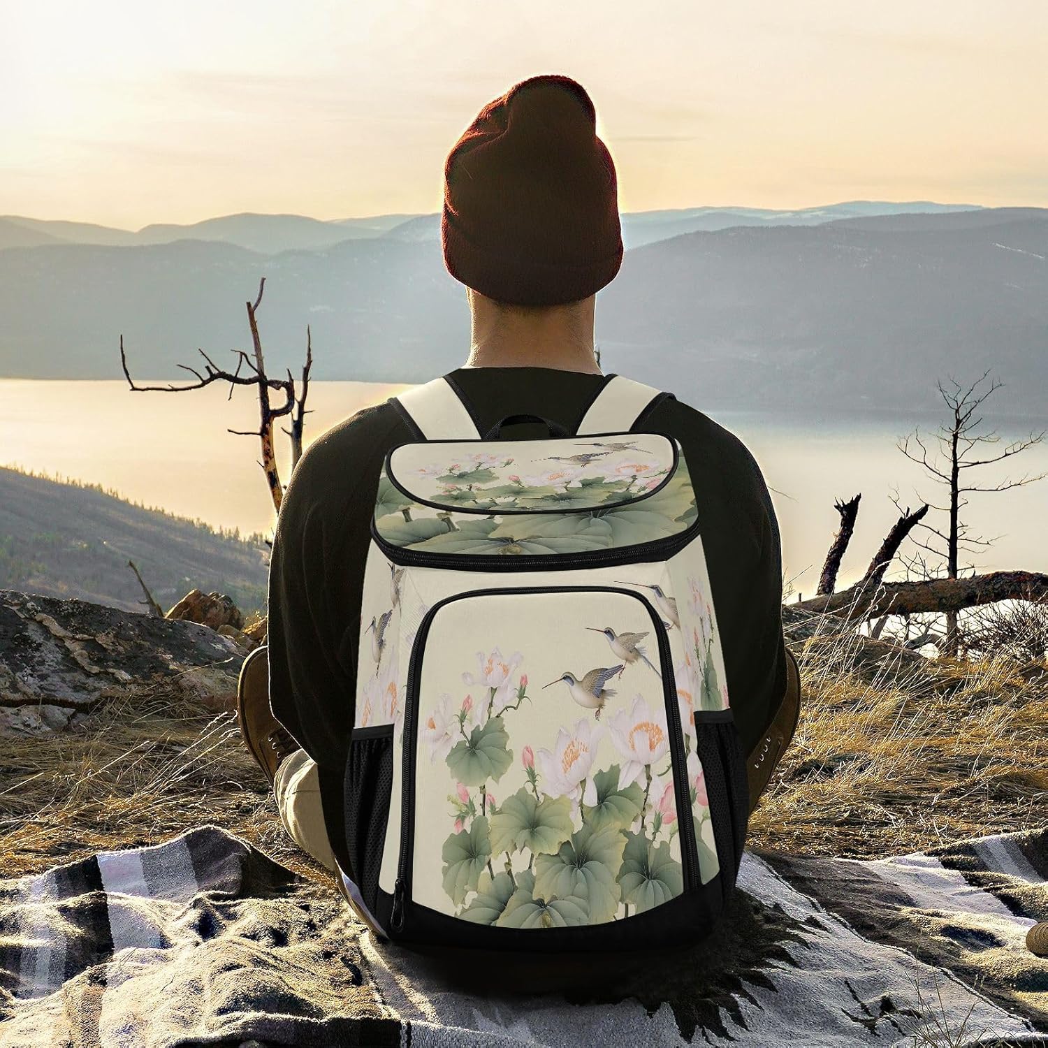 Beautiful Lotus Cooler Backpack 36 Cans Leakproof Waterproof Backpack Cooler Bag Beach Accessories Travel Camping Fishing Backpack for Women Men