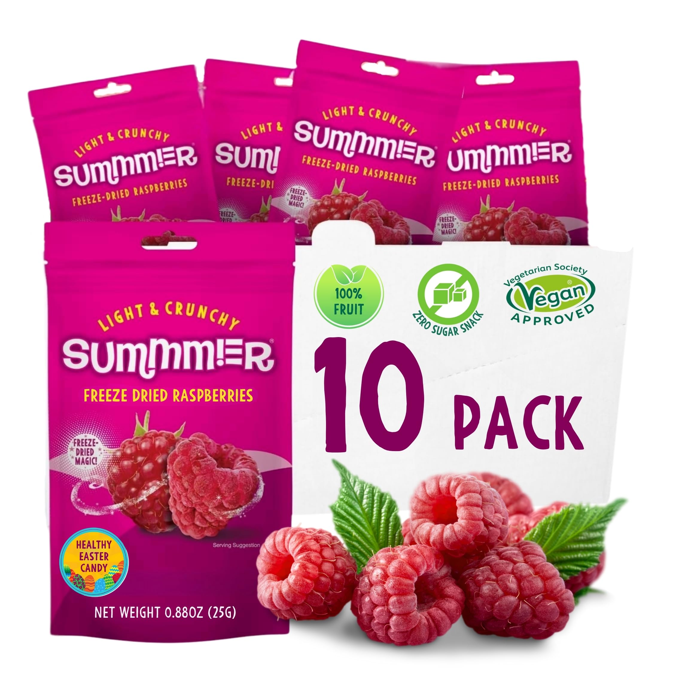 Summmer Freeze Dried Raspberries - 10 Packs - No Added Sugar Package - 8.8 Oz 100% Natural Candy, Fruit Snack for Kids & Adults
