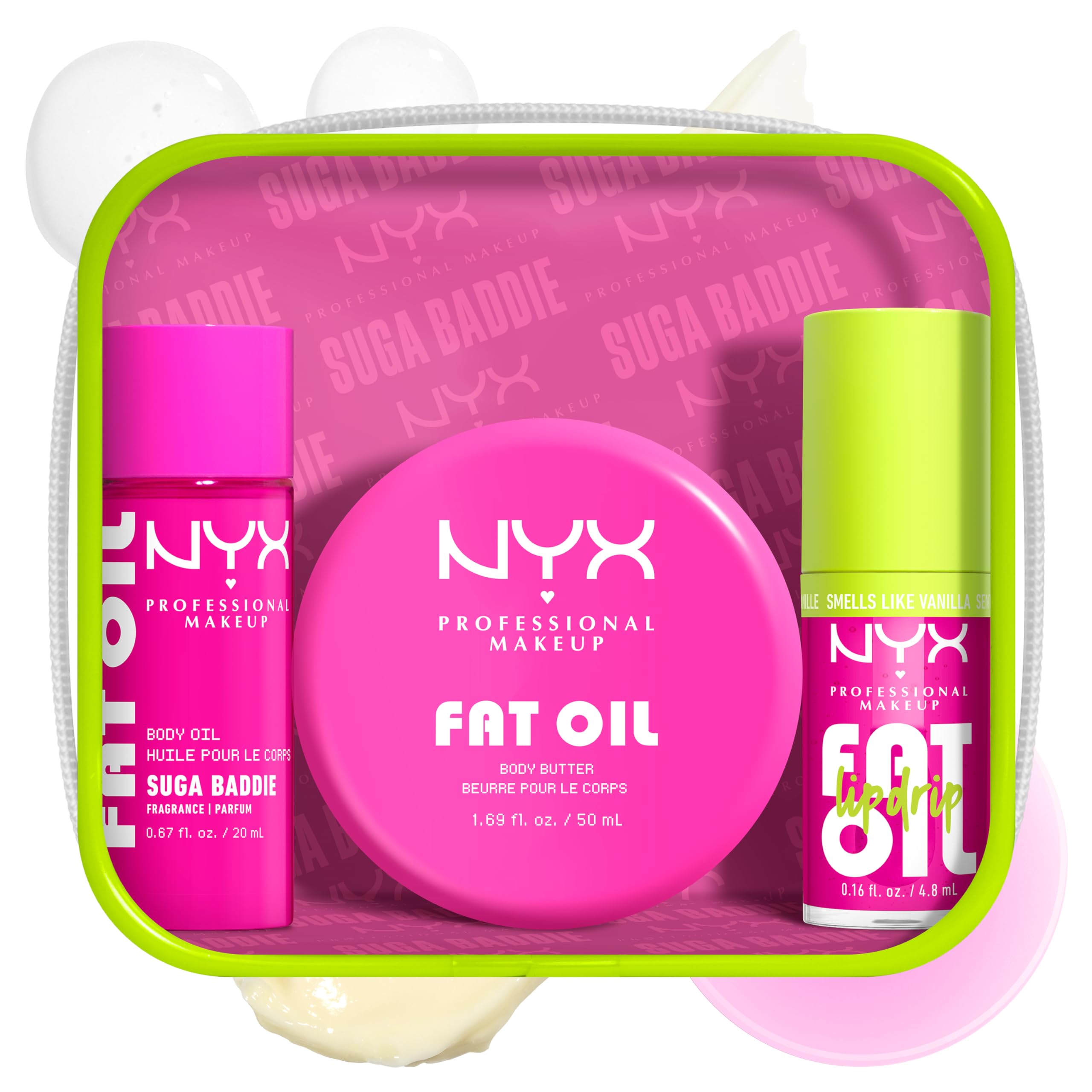 NYX Gift Set, Fat Oil Lip & Body Kit - Suga Baddie, 3-Piece Travel Size Set with Lip Oil, Whipped Body Butter & Shimmering Body Oil, Sweet Vanilla Scent, Vegan & Cruelty-Free, Suga Baddie