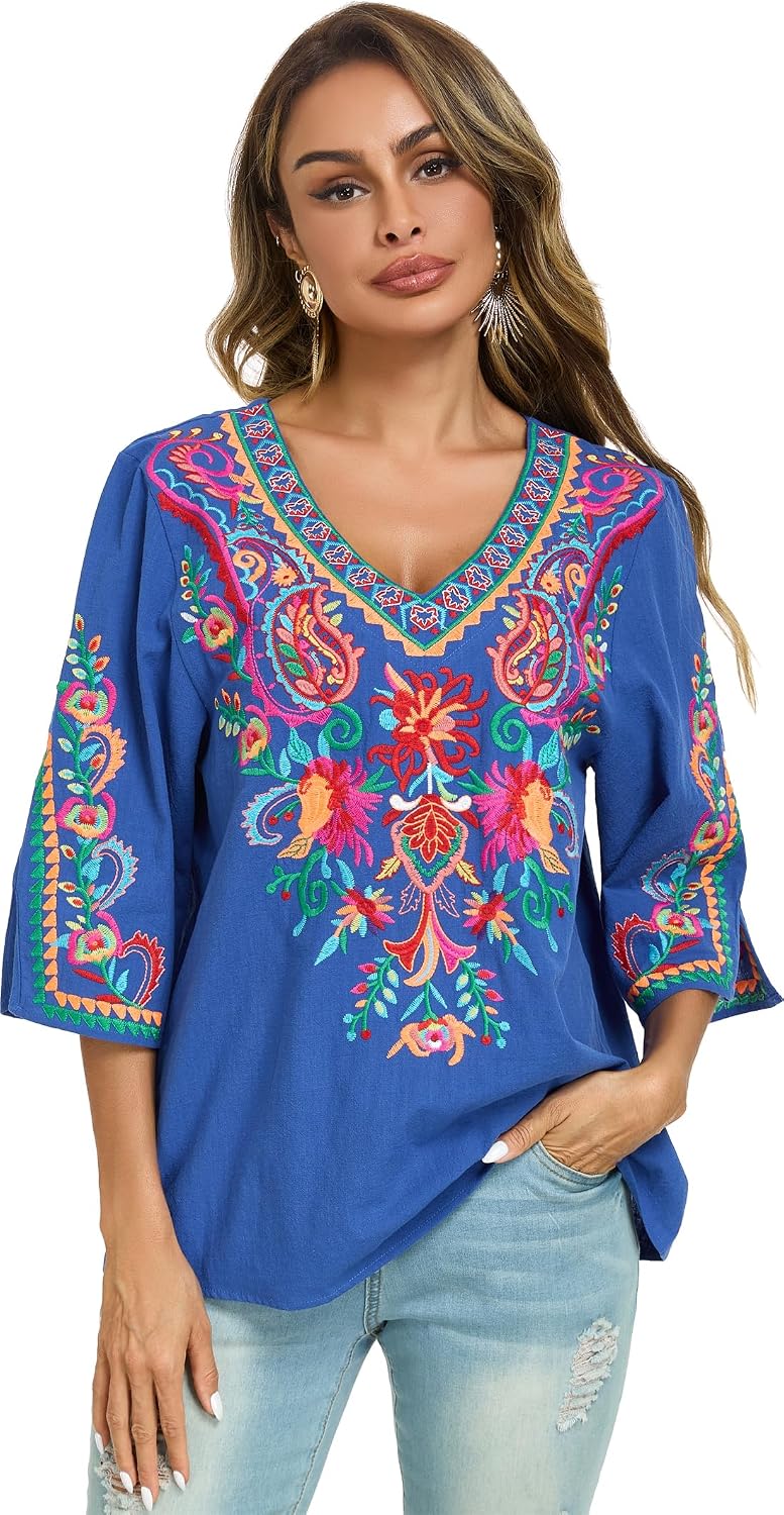 YZXDORWJ Women's Summer Embroidered Mexican Shirts Short Sleeve Casual Tops Blouse