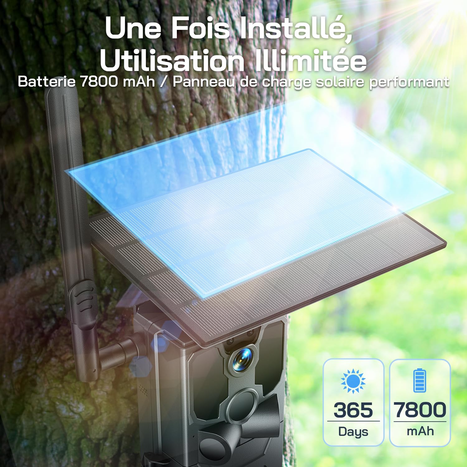 WOLFANG 4G Caméra de Chasse Solaire Extérieure avec Carte SIM, 2.5K Caméra Surveillance sur Batterie avec Détecter l'alarme, Vision Nocturne, IP66 Etanche, Audio Bidirectionnel, Noir