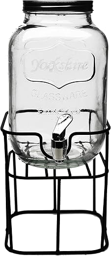 Circleware Sun Tea Mini Mason Jar Glass Beverage Dispenser with Lid Glassware for Water, Juice, Beer, Wine, Liquor, Kombucha Iced Punch & Cold Drinks, Classic, Yorkshire 1 Gallon with Stand