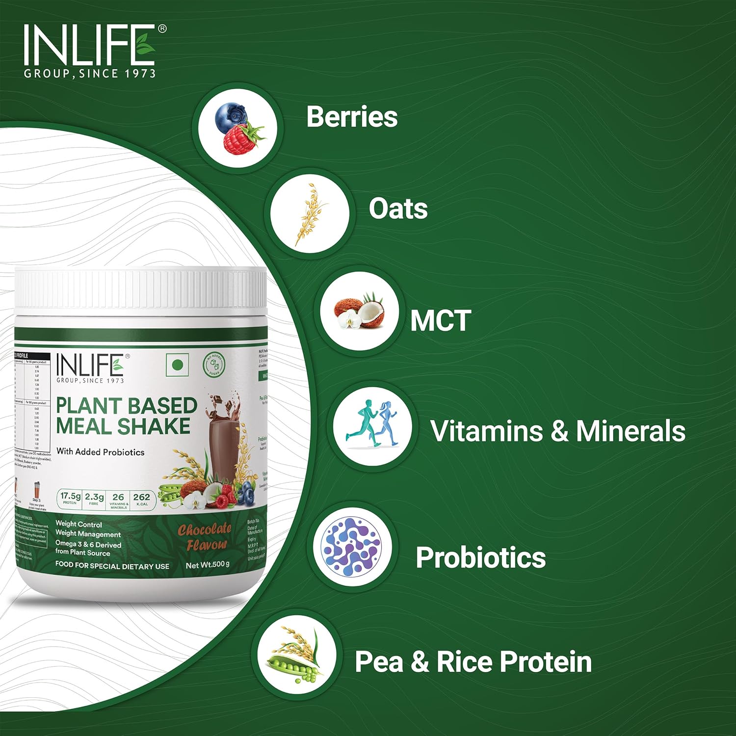 Inlife plant based food replacement shake | Plant protein powder (17.5 protein) sugar free, lactose free | Added probiotics, 500 grams (chocolate) Inlife plant based food replacement shake | Plant protein powder (17.5 protein) sugar free, lactose free | Added probiotics, 500 grams (chocolate)