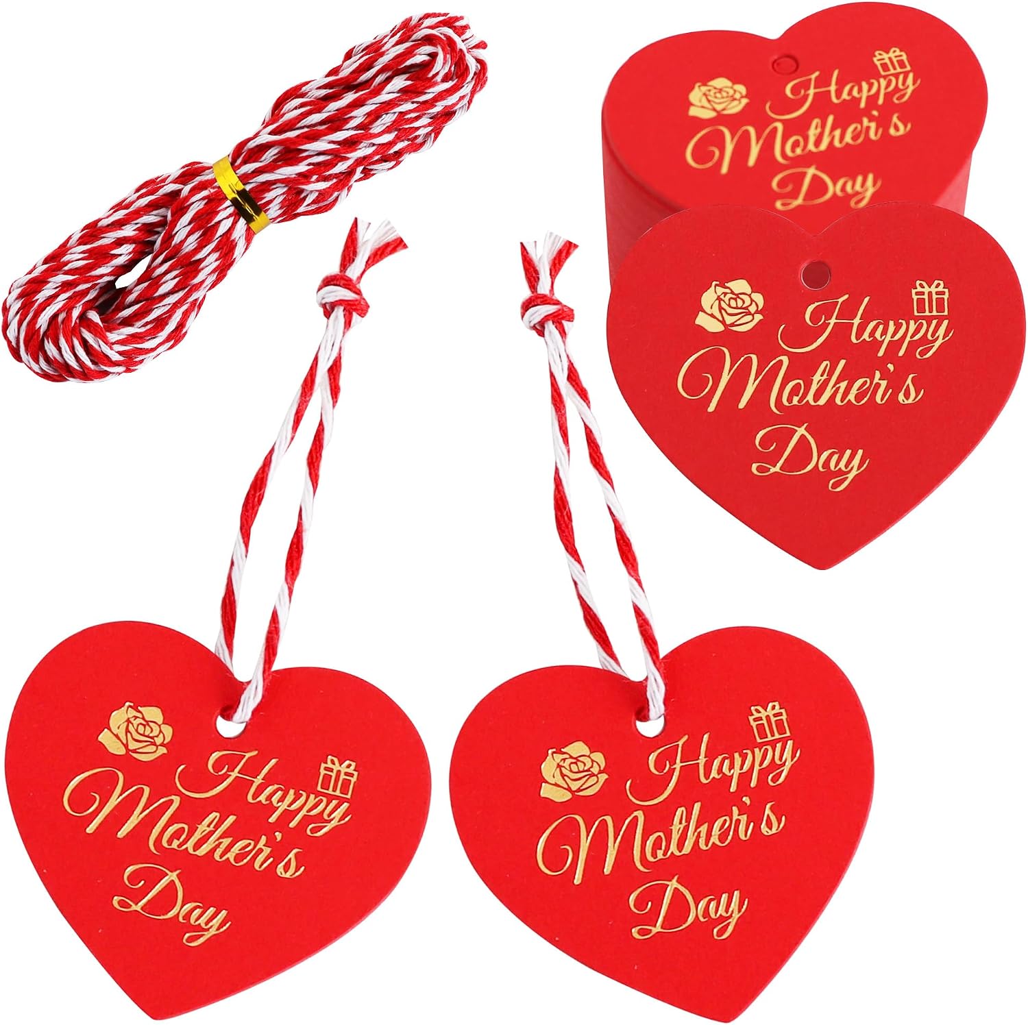 BEISHIDA 100PCS Mother's Day Gift Tags, 4 Patterns Happy Mother's Day Hanging Labels, Bulk Gift Paper Tags with Strings, Heart Floral Shaped Best Mom Labels for Bags,Candy Bags,DIY Crafts Party