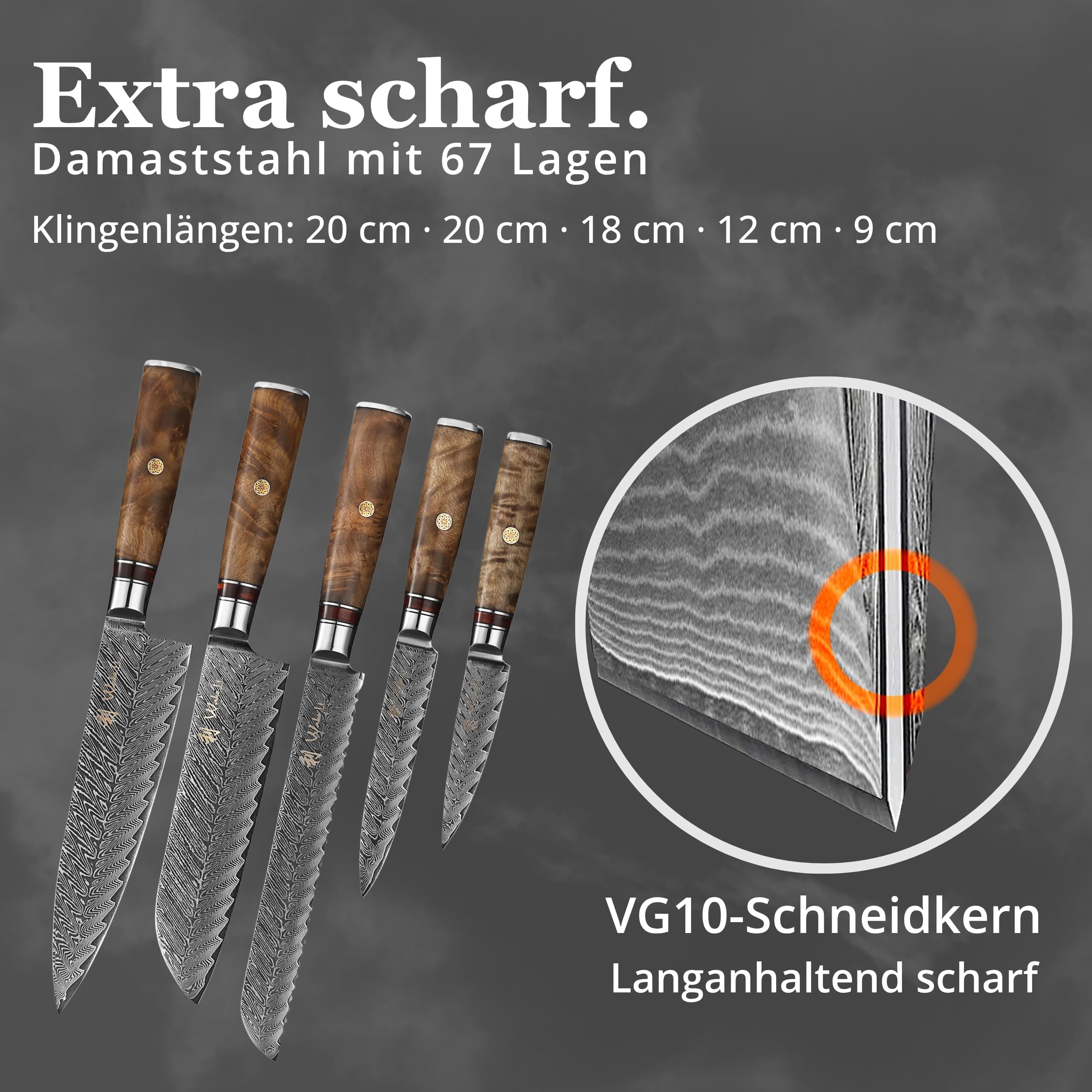 Wakoli Culinary Sycamore Messerblock Set, 5 Messer aus 67 Lagen Damaststahl | Kochmesser, Brotmesser, Santoku, Allzweck- und Officemesser mit VG10 Kern, Berghorngriffen und Magnetblock aus Akazienholz