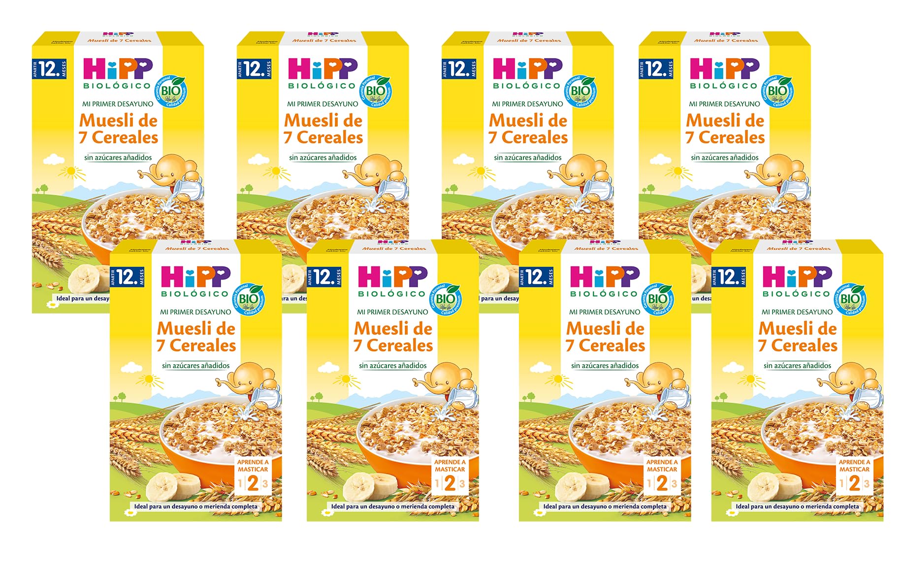 HiPP Biológico – Muesli 7 Cereales BIO para Bebés – Pack de 8 - Cereales Integrales, Sin Azúcares Añadidos y Sin Leche – Desde 12 Meses – Mi Primer Desayuno – 8x200 g