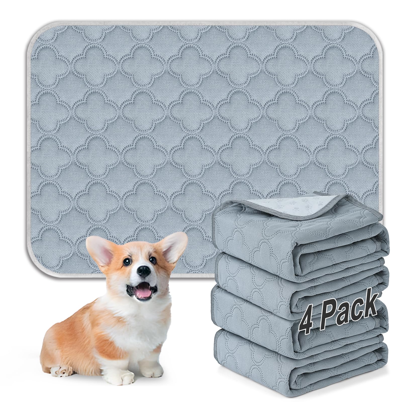 FunFurry Washable Pee Pads for Dogs - 4 Pack Reusable Pee Pads,Waterproof Puppy Pads,Pet Training Pads,Super Absorbent with Dog Paw Shape Non-Slip Backing (Light Grey, 18" X 24" - 4 Pack)