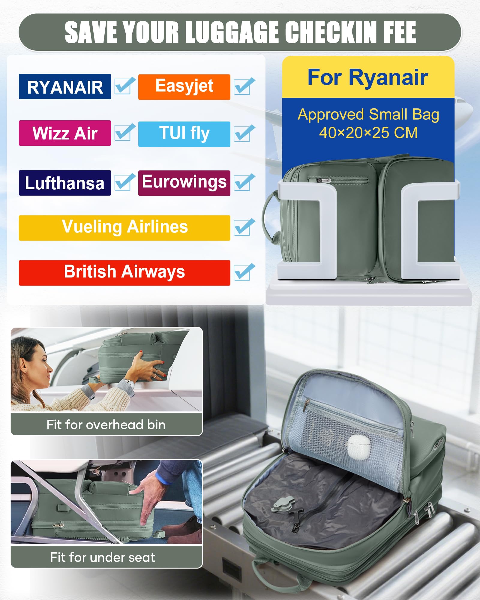 BJLFS Zaino da Viaggio con Sottovuoto Ryanair 40x30x20 Wizzair Bagaglio a mano 40x20x25 Ryanair con Pompa Borse da Cabina per Easyjet 45x36x20 con compressione sottovuoto,Zaino Casual per Laptop