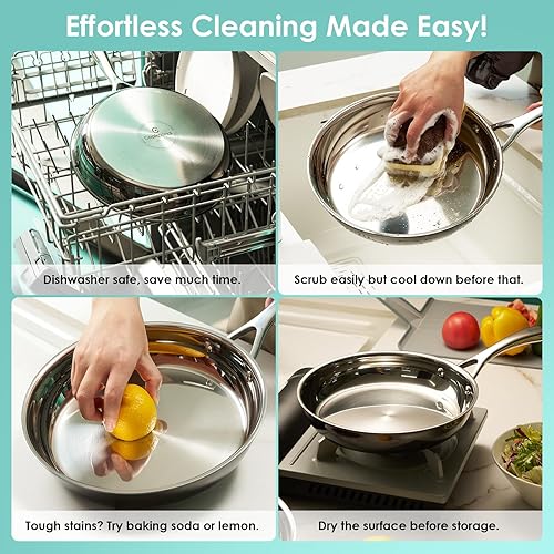 Miniatura 7 de COOKPORTS Sartén de acero inoxidable de 10 pulgadas, utensilios de cocina de acero inoxidable, fácil de limpiar, sartén de cocción saludable de