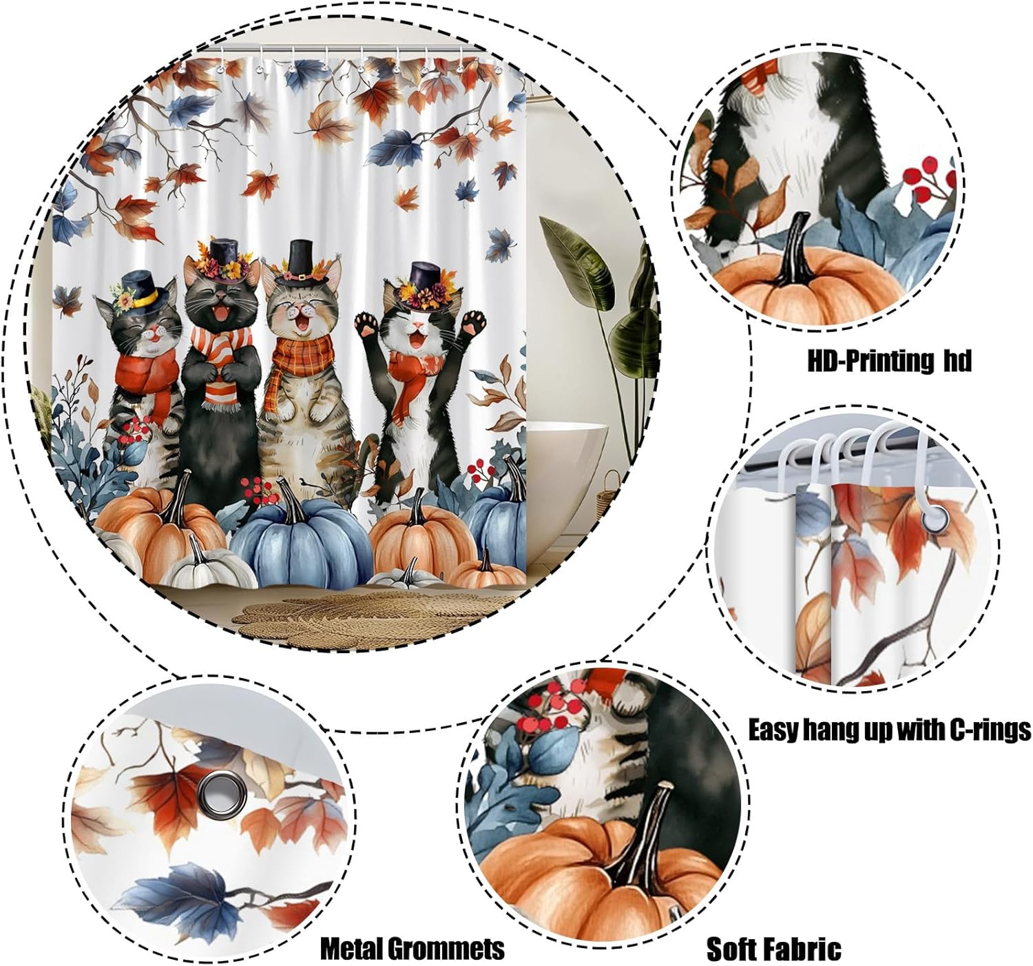 GCTNBJL Fall Thanksgiving Shower Curtain Pumpkin Cute Cats Maple Leaf Watercolor Animal Blue Orange Extra Long Bathroom Home Curtain with Hooks,70x78 Inch