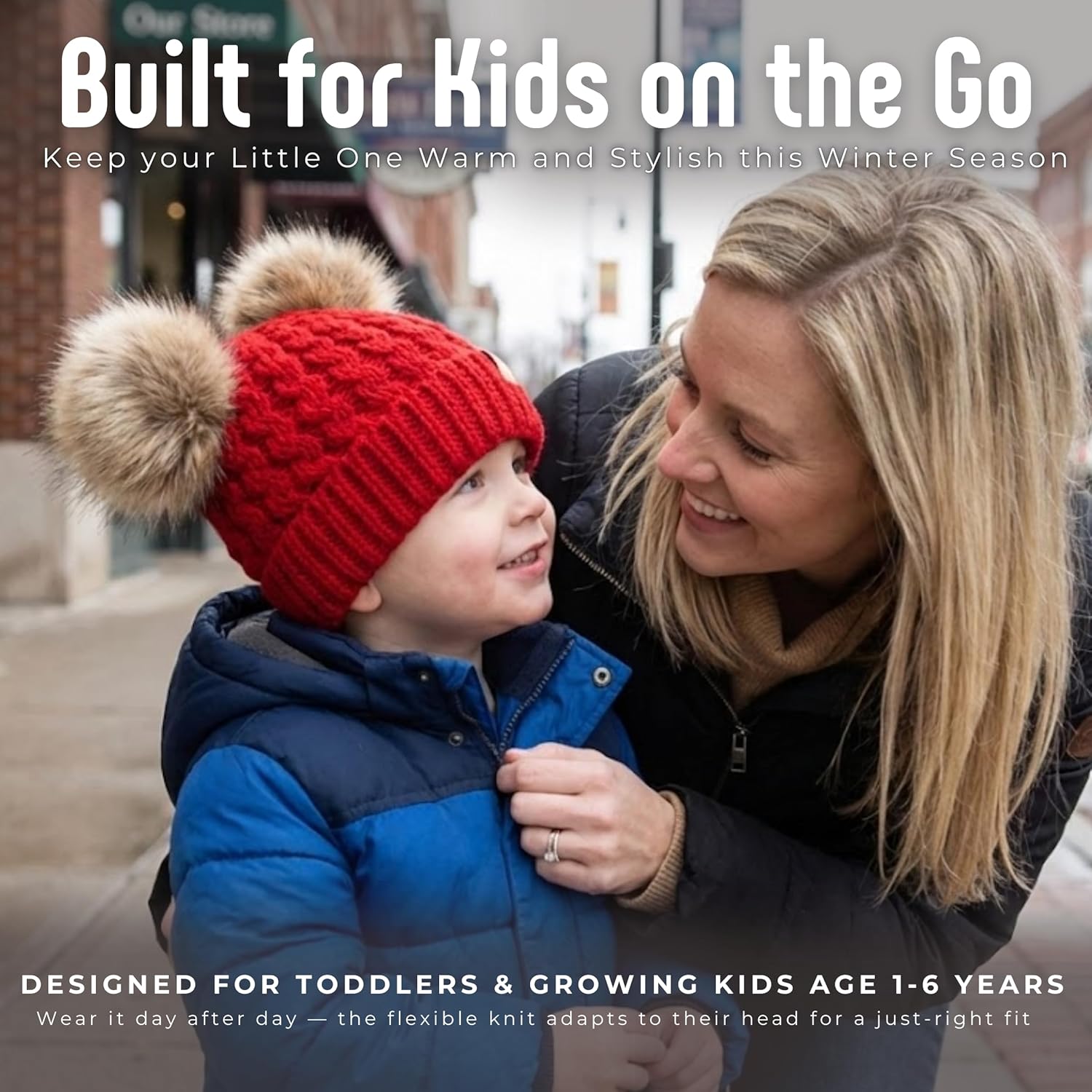 Funky Junque Toddler Double Pom Pom Beanie – Warm Knit Winter Hat for Girls Ages 1–6, Soft Kids Poms Beanies for Cold Weather - Image 3