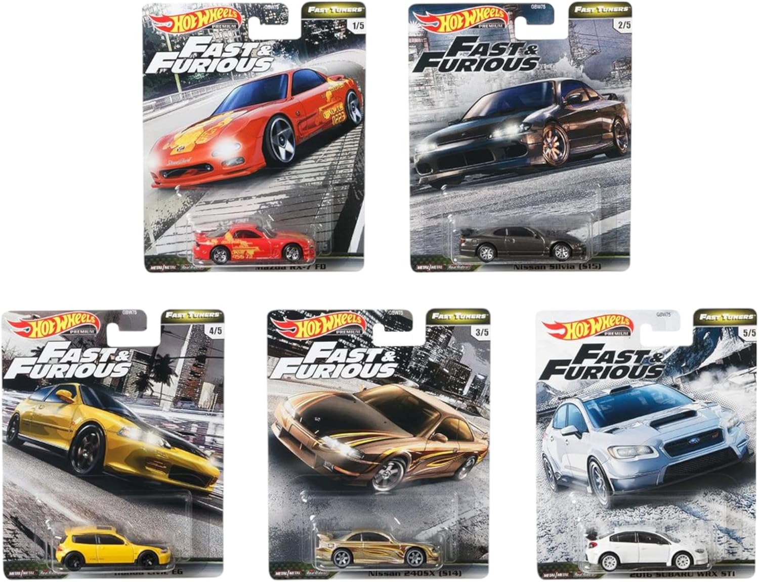 Hot Wheels Fast & Furious Fast Tuners Premium Die Cast Set (Honda Civic EG, Mazda Rx-7 FD, Subaru WRX, Nissan Silvia, 240SX)