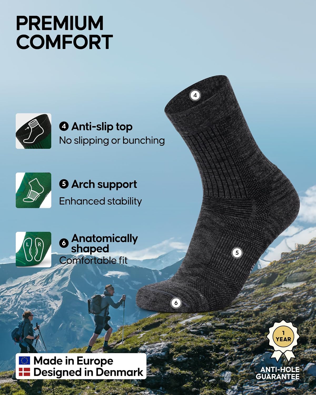DANISH ENDURANCE Hiking Socks, Lightweight, Merino Wool Socks for Men & Women, Moisture Wicking & Thermal, 3 or 5 Pack