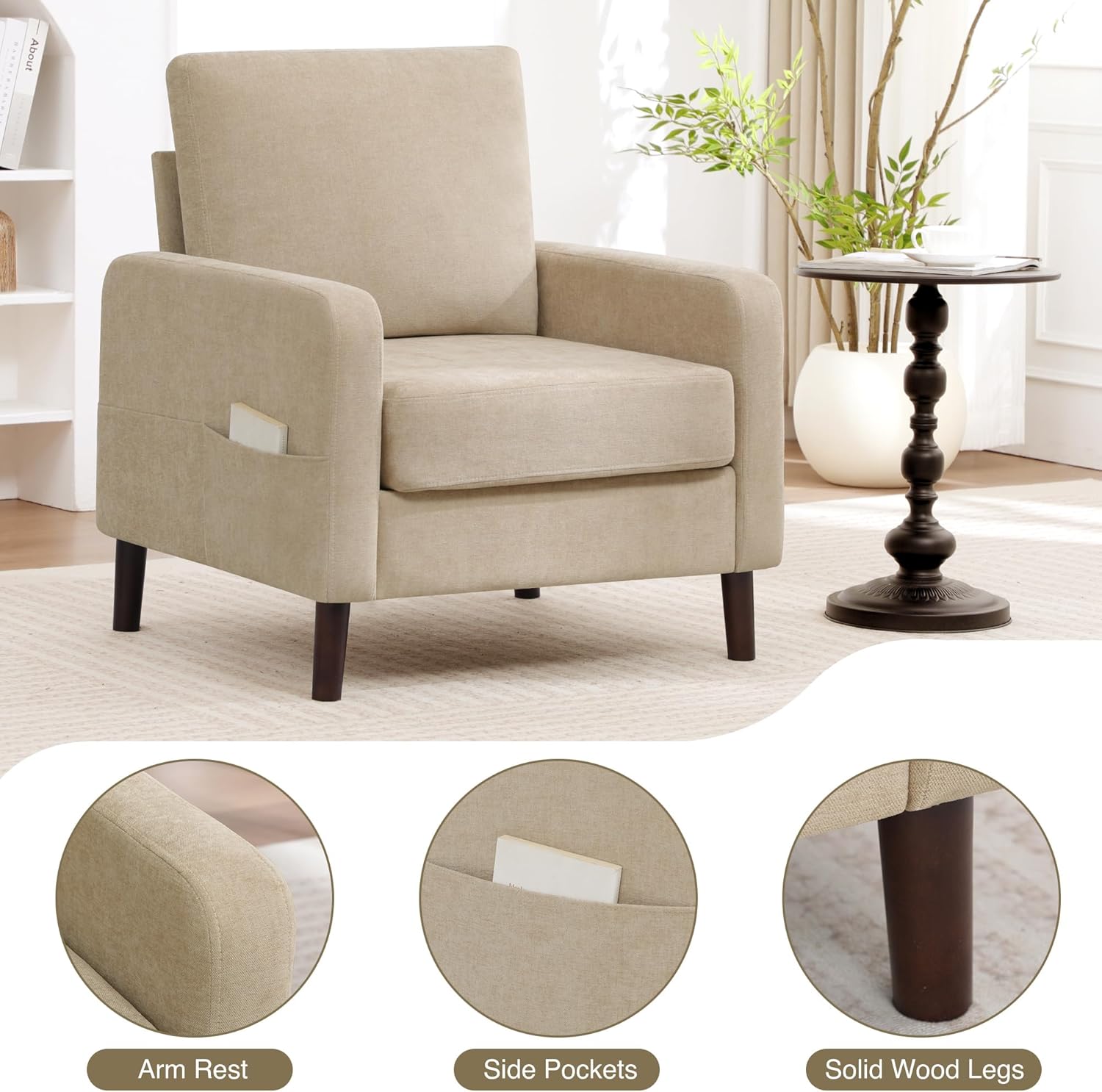 Accent Chair for Living Room, Modern Reading Chair for Bedroom, Upholstered Armchair with Wood Legs and Side Pockets, Single Sofa Side Chair for Office, Small Room, Apartment, Light Brown