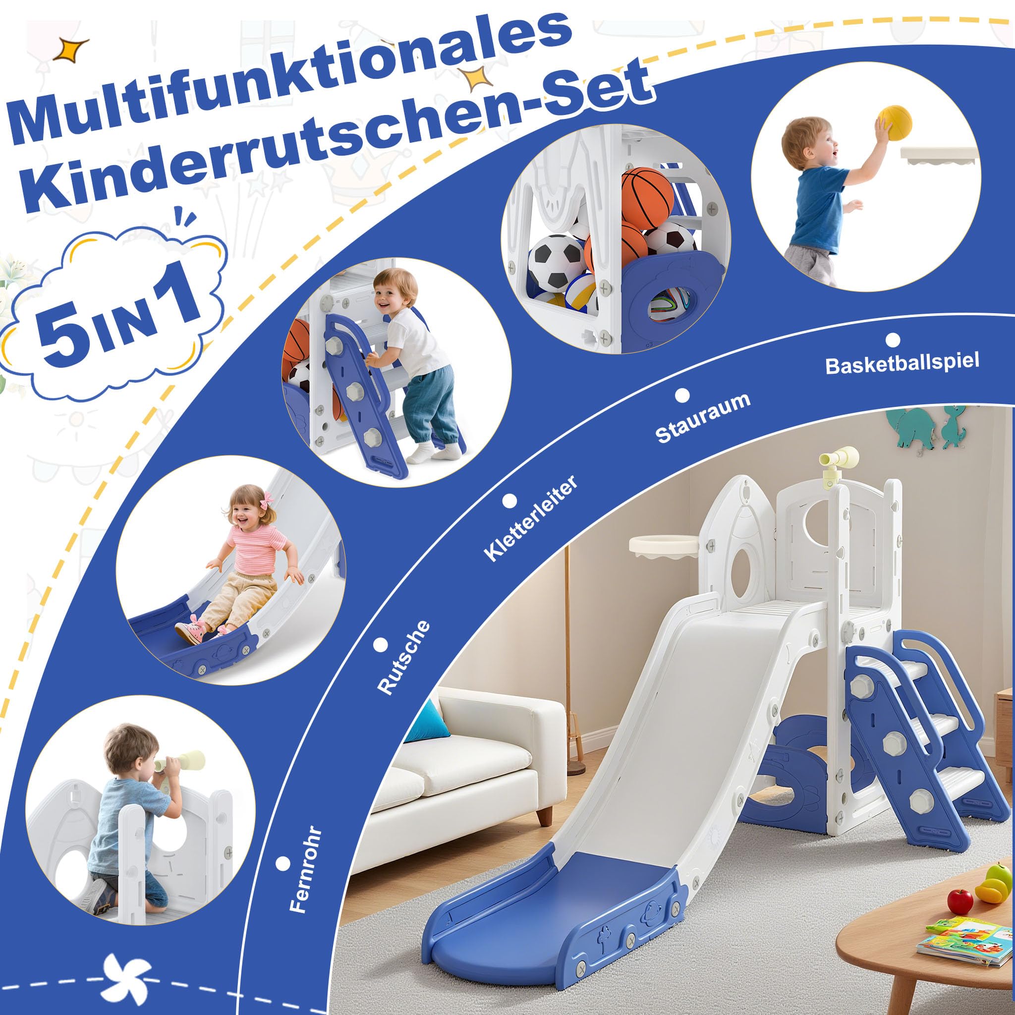UISEBRT Scivolo per bambini con scaletta da arrampicata, spazio di archiviazione, cestino da basket e telescopio da gioco, scivolo per bambini in HDPE e PP, autoportante, per interni ed esterni, 5 in