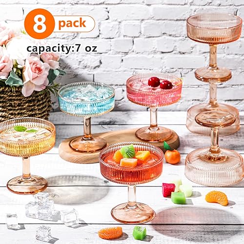 Miniatura 2 de 8 vasos de Martini vintage acanalados de 7 onzas, copas de Martini de champán, cristalería clásica de cóctel, cristalería acanalada reutilizable