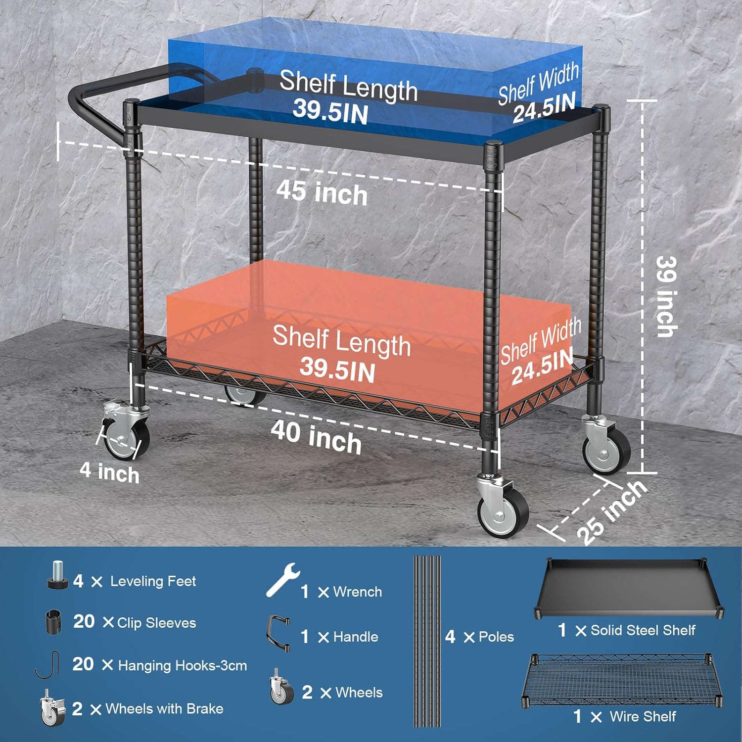 Leteuke 2 Tier Utility Tool Cart with Wheels, Heavy Duty Rolling Utility Carts with Handle, Commercial Grade Metal Serving Storage Cart for Warehouse Garage Kitchen, 25" D x 38.98" W x 40" H-Black