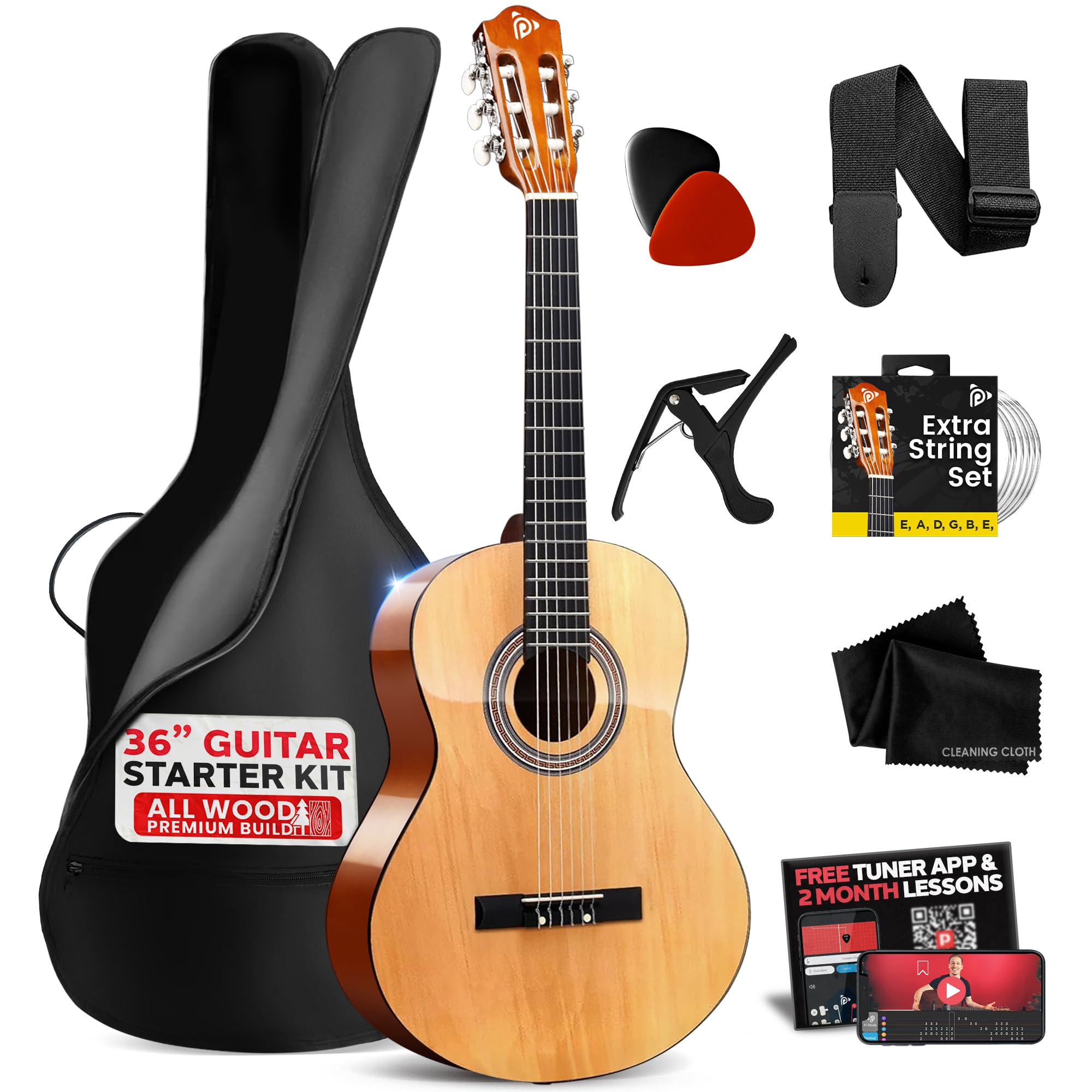 Pyle Kit per chitarra acustica per principianti, 3/4, misura junior, strumento a corde in nylon con capotasto, cinghia, set di corde extra, custodia, chitarre per principianti, adulti e giovani, 91,4