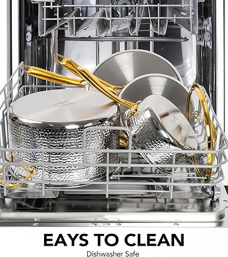 Vista 5 de Michelangelo Triply - Juego de ollas y sartenes de acero inoxidable, 10 piezas de acero inoxidable martillado con mango dorado, utensilios de cocina