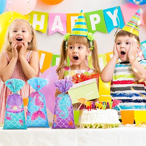 Miniatura 4 de Hotop 100 bolsas de regalo de sirena, bolsas de dulces para fiesta del océano, con 150 vueltas de tiescelofán, regalo para niños y niñas,