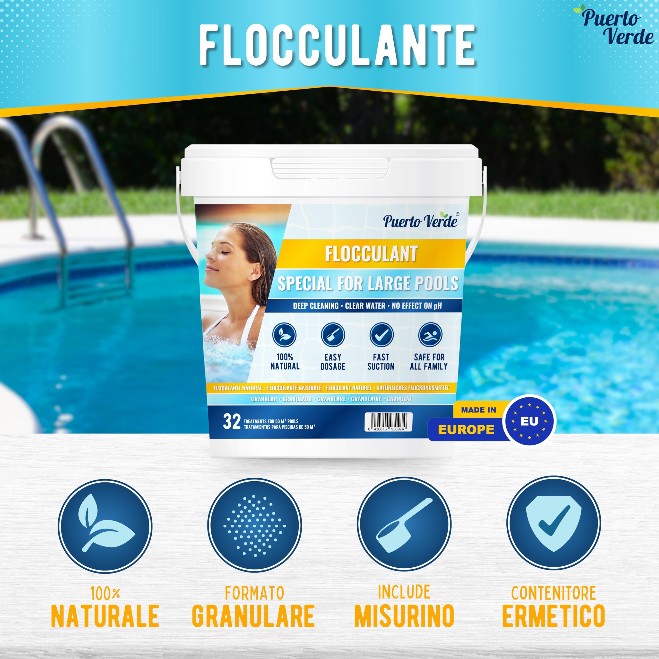 Flocculante Naturale 64 Trattamenti. Flocculante per Grandi Piscine e Spa. | Eliminatore di Torbidità per Acque Cristalline. Chiarificatore in Granuli per Uso Sicuro. Produzione Europea.