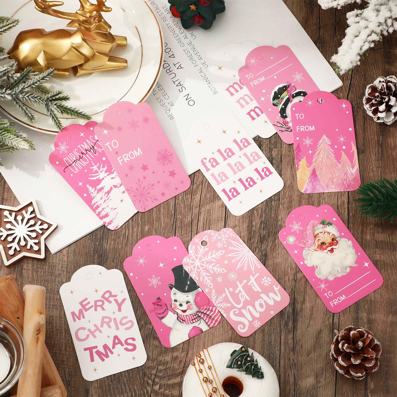 Whaline Weihnachtspapier-Geschenkanhänger, Rosa, Weihnachtsmann, Schneemann, mit Baumwollseil, für Winterurlaub, Namen, Geschenk, Basteln, 10 Designs, 120 Stück