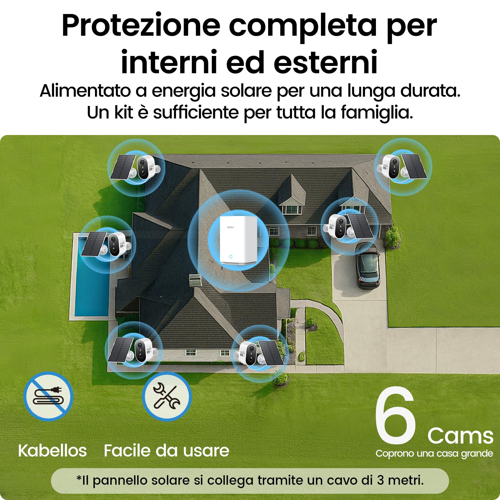 aosu Cámara de Vigilancia 2K Exterior Solare Kit 6 Cámaras con Aosubase 2.0 Sin Suscripción 32GB Almacenamiento Local Cámara Inalámbrica Sensor PIR Alarma Luz Audio Bidireccional Visión Nocturna