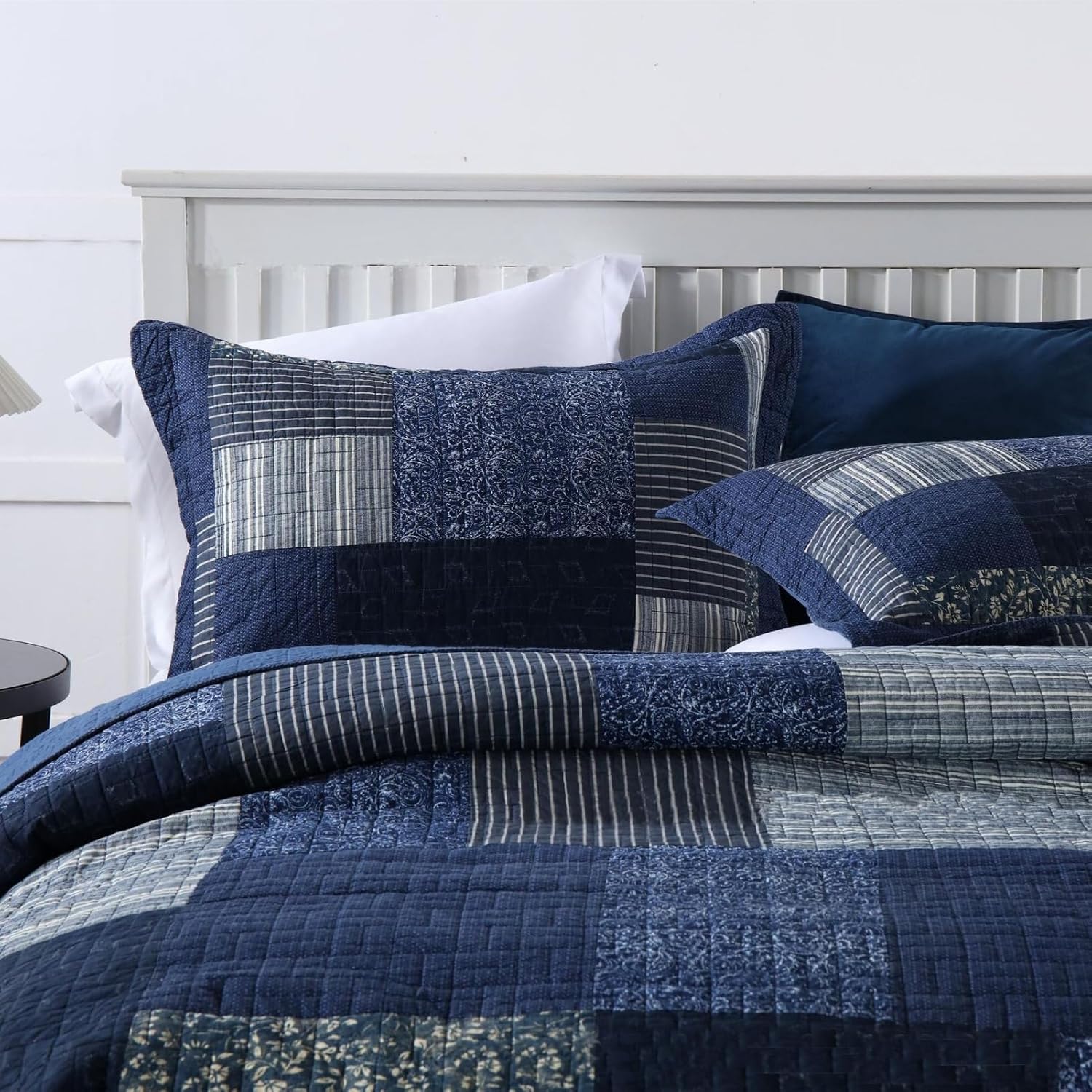 ABREEZE Quilts Queen Size - 100% Cotton Queen Comforter Set Navy Grey Plaid Farmhouse Quilt Bedding Set, Reversible Lightweight Soft Bedspread, Quilted Coverlet All-Season, 3-Piece
