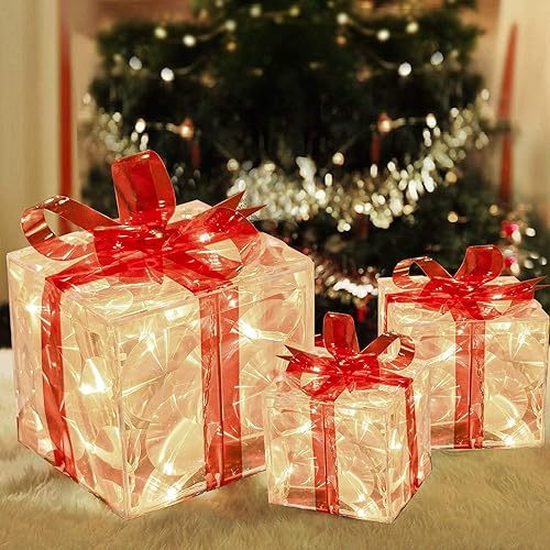 Miniatura 2 de FUNPENY Juego de 3 cajas de regalo de Navidad con 60 luces LED, caja de Navidad con luz blanca cálida transparente, cajas de regalo con lazos rojos