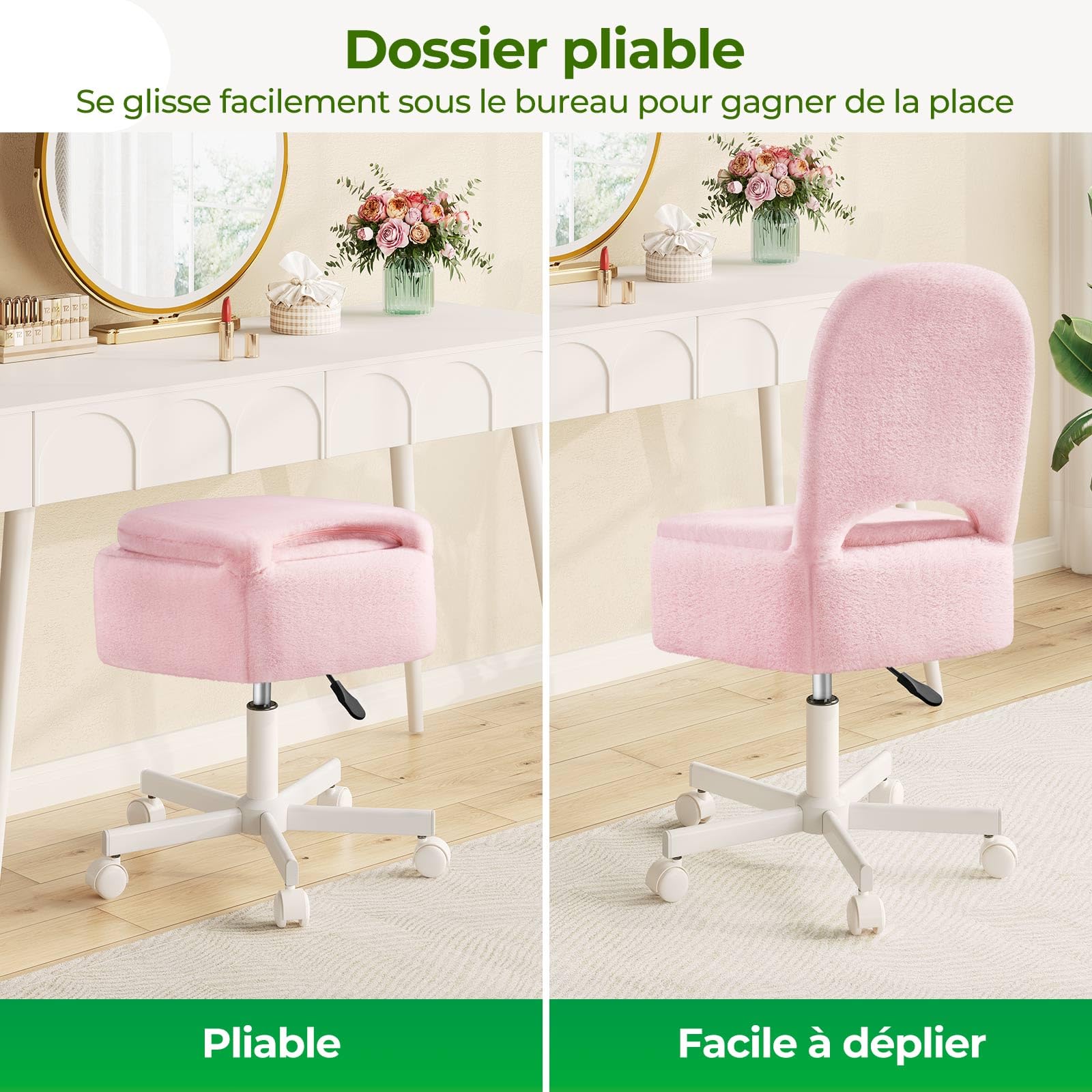 Rolanstar Chaise et Coiffeuse à Hauteur Réglable avec Rangement, Confort Tabouret de Salon pour Vanité, Velours, Bureau à Domicile(Rose,Grande)