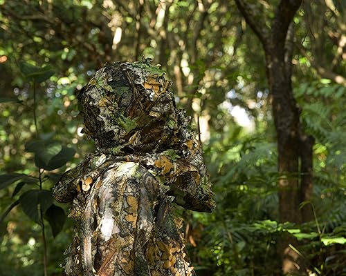 Miniatura 4 de Ginsco Ghillie Suit - Juego de guantes de máscara de cara completa, traje de camuflaje frondoso 3D para hombres, fotografía de caza al aire libre